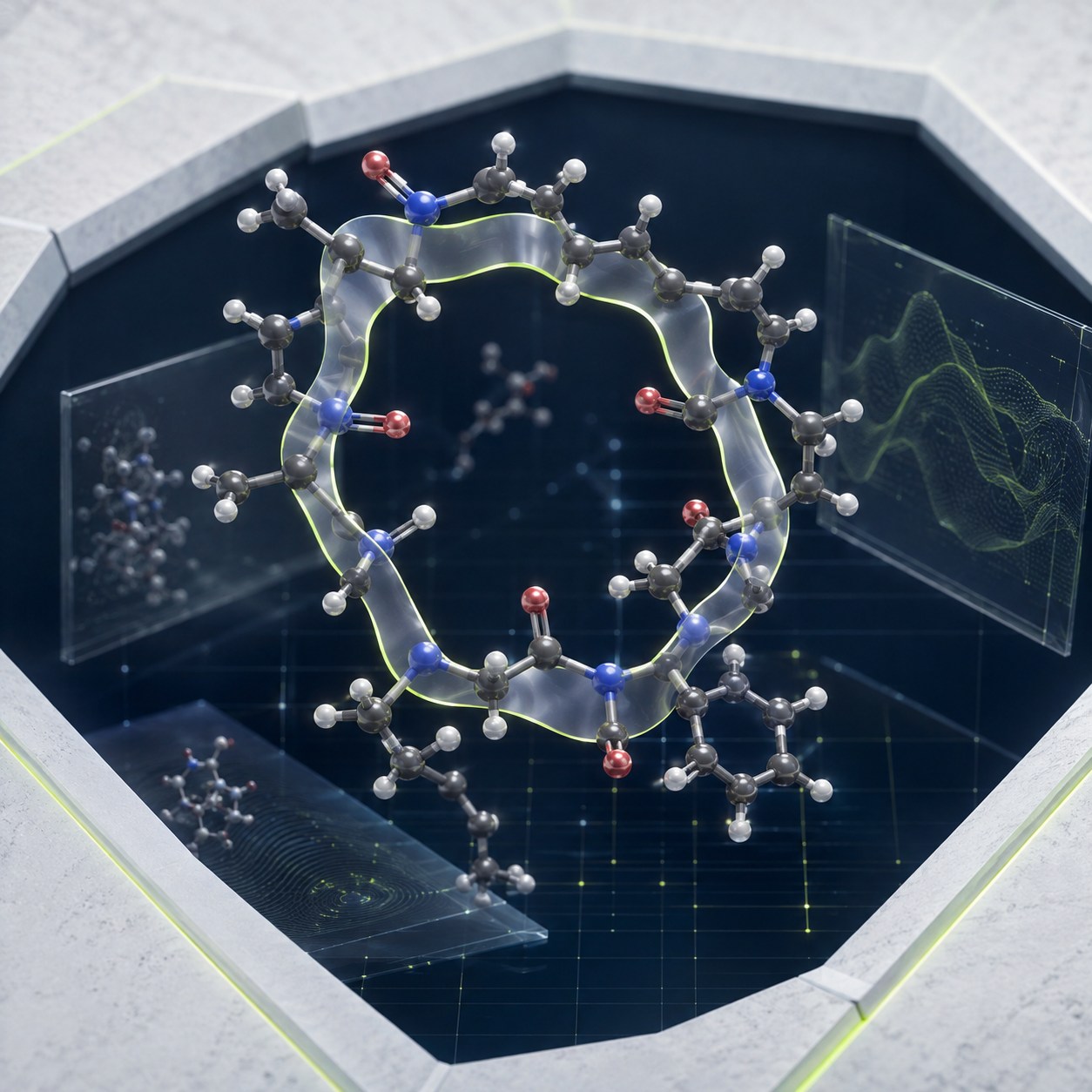 Conceptual three dimensional cyclic peptide in an analytical chamber