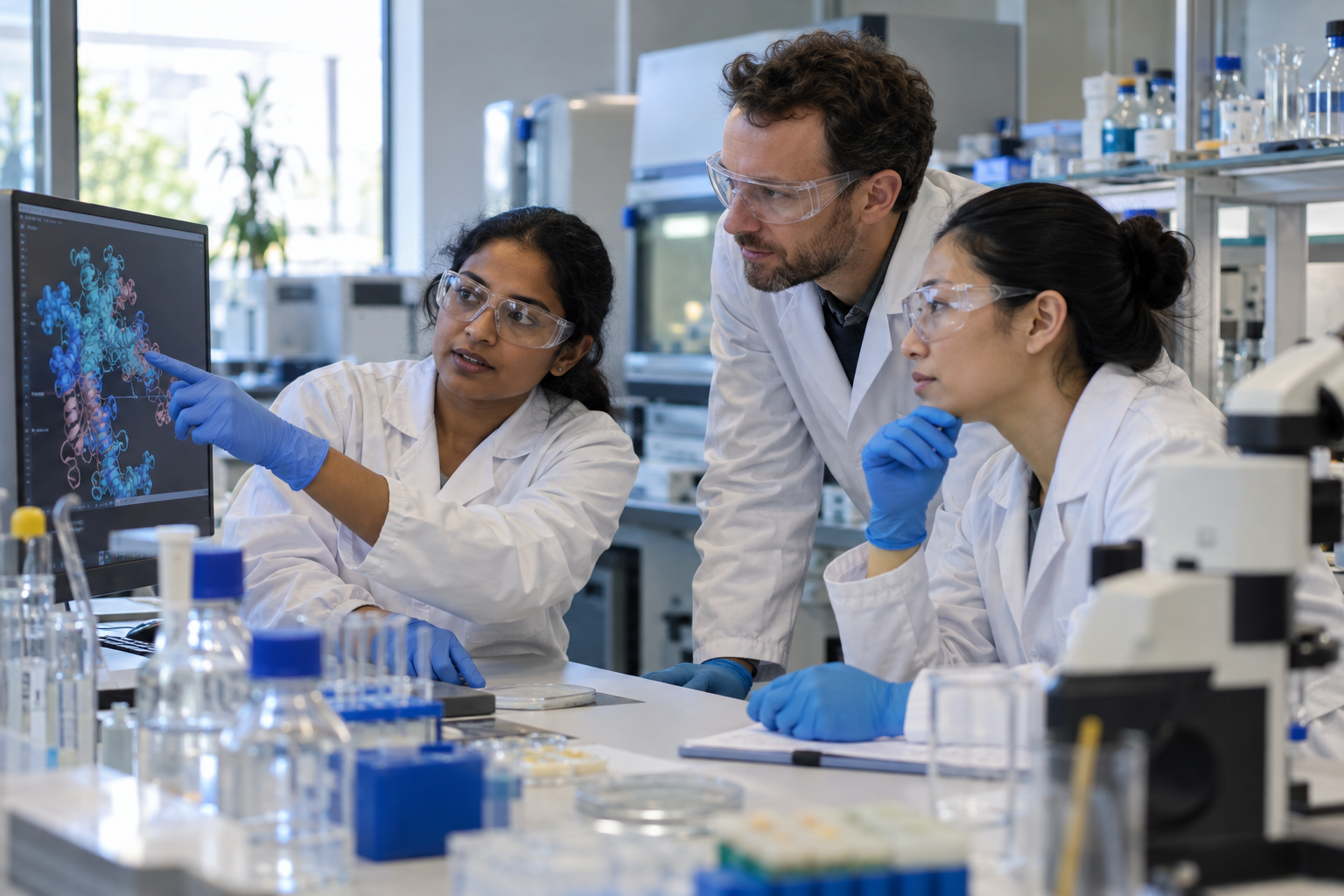 A multidisciplinary laboratory team reviewing molecular research together