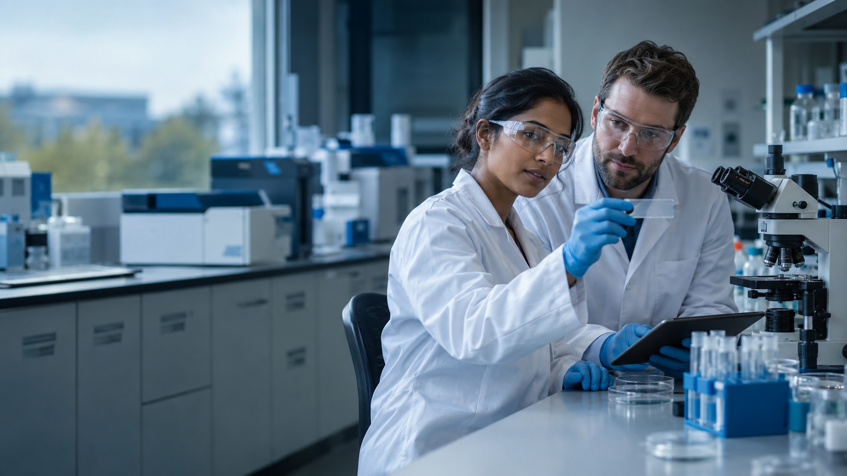 Biomedical scientists collaborating in a modern research laboratory